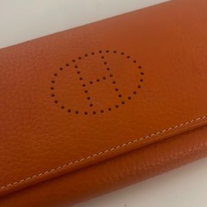 Hermes Wallet Purse Long Wallet orange Woman unisex Authentic Used Sz 7.5”/4”